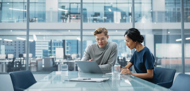 Two people sitting in a modern office viewing a laptop computer screen